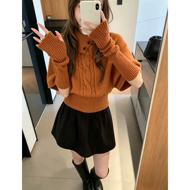 Korean Style New Fashion Design Niche Cape-Style Knitted Sweater for Petite Women with Sleeves, Stylish Top for Women