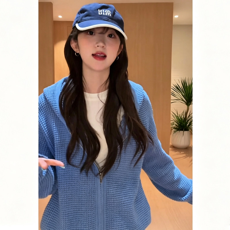 Blue Waffle Zipper Hooded Sweater Cardigan for Women 2026 Early Autumn New Style Lazy Style Outer Knitted Jacket Blue Waffle Zipper Hooded Sweater Cardigan for Women 2026 Early Autumn New Style Lazy Style Outer Knitted Jacket