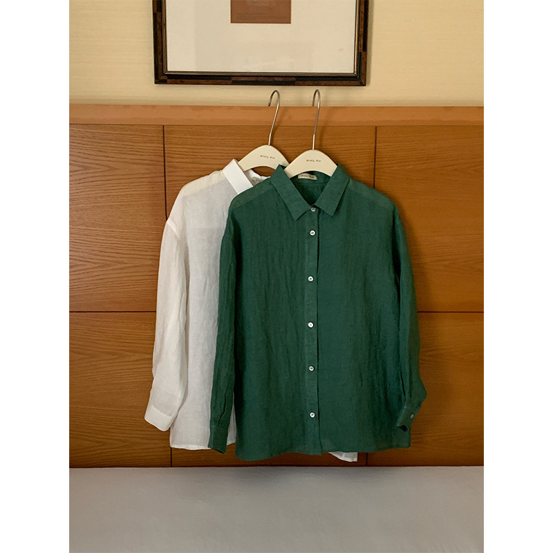 Mildlyrise Lotus Leaf Green/Gardenia White Linen Lapel Long-Sleeved Shirt Summer Breathable Sun Protection Jacket