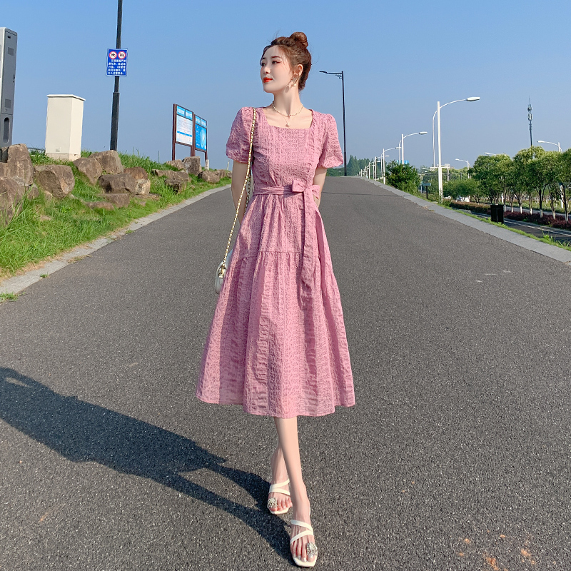 Pink Lace-Up Fairy Dress for Women, Mid-Length, 2026 Summer New Style, French Sweet and Gentle Style, Puff Sleeve Dress Pink Lace-Up Fairy Dress for Women, Mid-Length, 2026 Summer New Style, French Sweet and Gentle Style, Puff Sleeve Dress