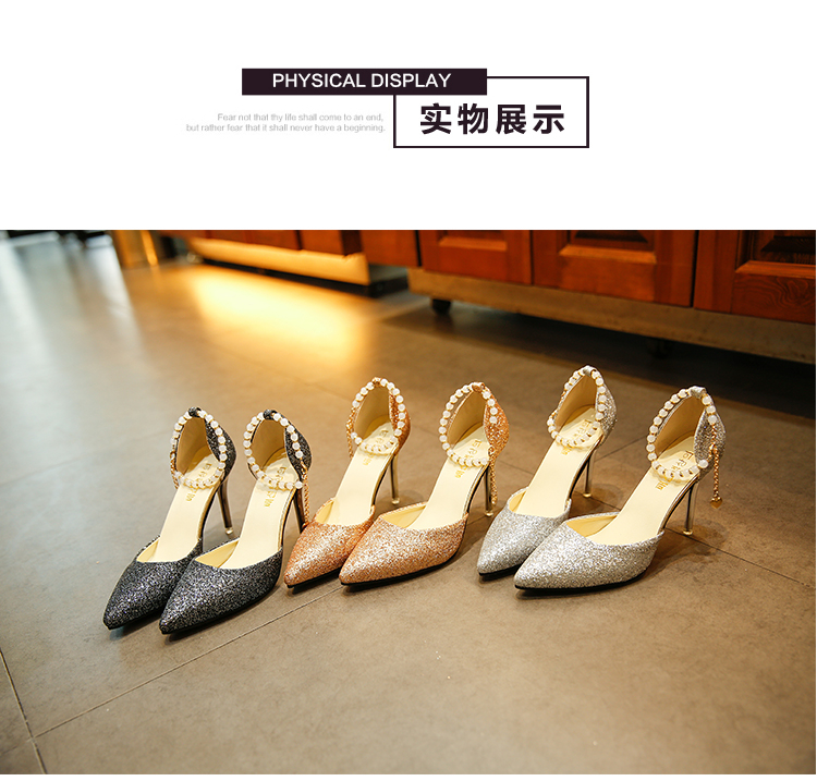 Nữ mùa hè sequin nhọn stiletto từ khóa giày đơn gợi cảm đính cườm vòng chân gót giày nông miệng dép nữ - Vòng chân lắc chân bạch kim