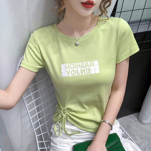 Fold drawstring women's T-shirt short-sleeved 2023 summer new style self-cultivation and thin short section age-reducing design top trendy