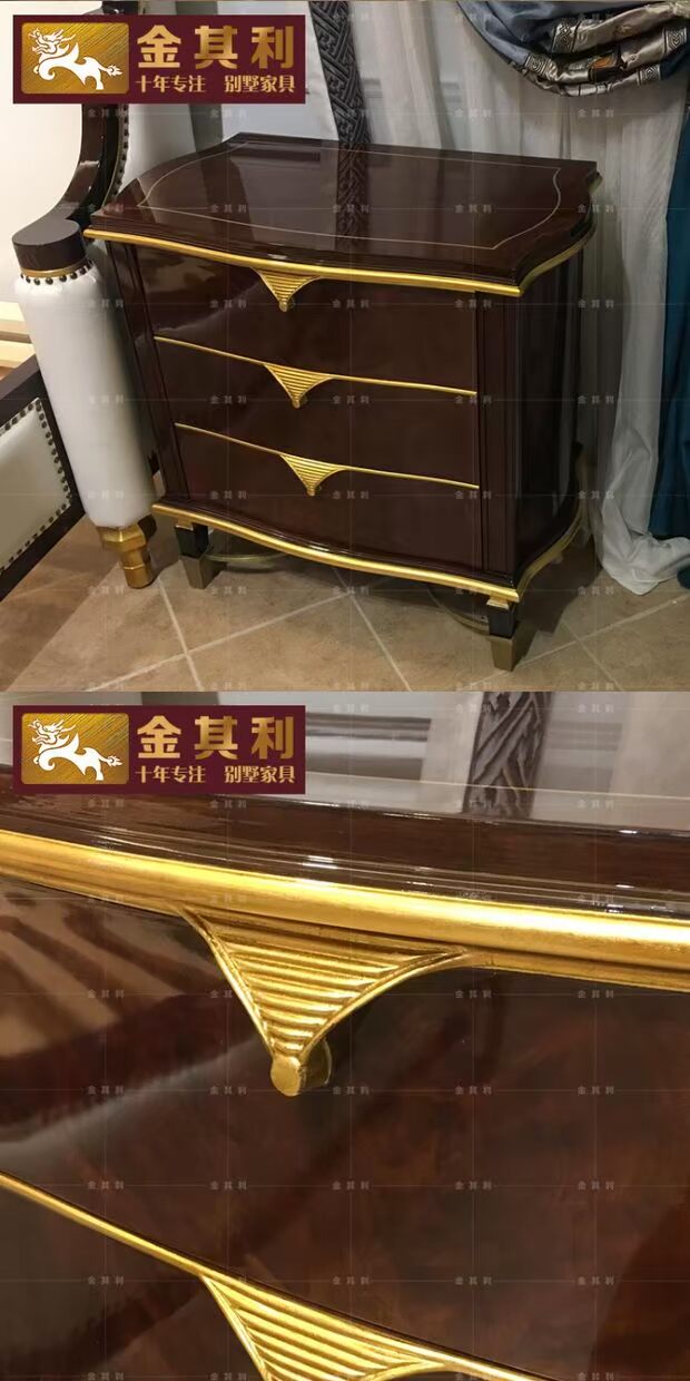 Jin Qili đồ nội thất gỗ đầu giường bàn gỗ châu Âu tân cổ điển lá đồng biệt thự lớn biệt thự sang trọng châu Âu tủ quần áo cửa lùa 3 cánh