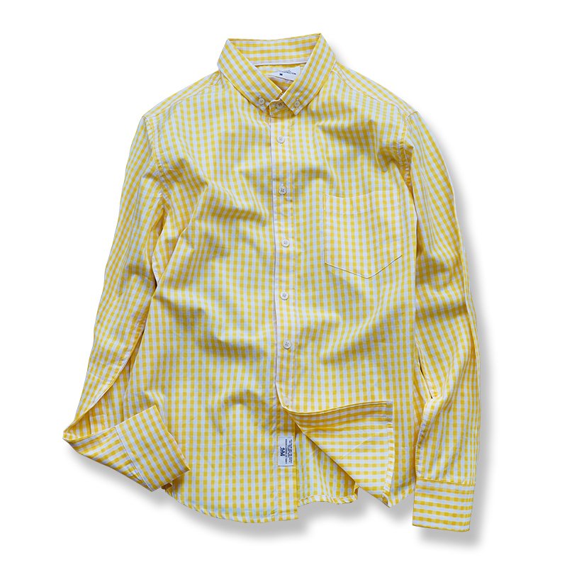 Basisi Shirt, Yellow Checkered Long-Sleeve, Pure Cotton, High-Density Fabric, Casual Yellow and White Plaid Shirt 238 Basisi Shirt, Yellow Checkered Long-Sleeve, Pure Cotton, High-Density Fabric, Casual Yellow and White Plaid Shirt 238