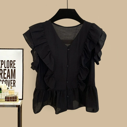 Шифоновый комплект, большой размер, французский стиль, в западном стиле, яркий броский стиль, по фигуре, V-образный вырез, оверсайз, в корейском стиле, свободный крой