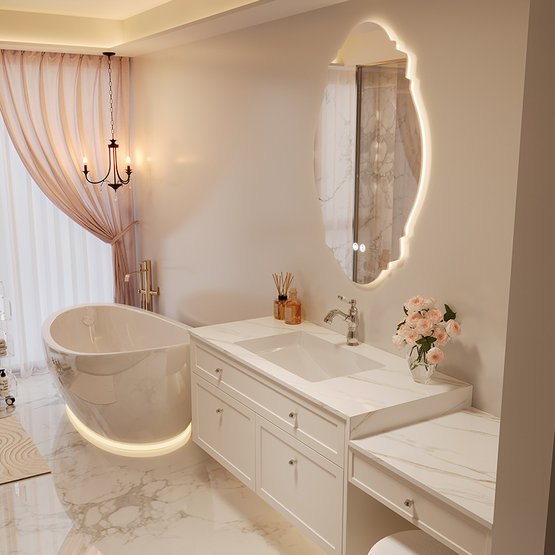 Light French-Style Cream-Colored Bathroom Cabinet Set with Seamless Integrated Washbasin and Vanity Top Light French-Style Cream-Colored Bathroom Cabinet Set with Seamless Integrated Washbasin and Vanity Top