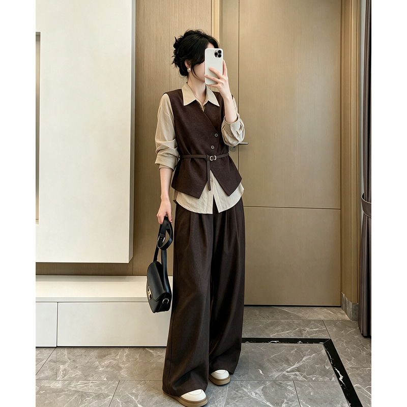 Vest and Shirt Set for Women, 2026 Autumn New Style, Elegant and Appropriate, Wide-Leg Pants, Slimming, Complete Outfit, Three-Piece Set Vest and Shirt Set for Women, 2026 Autumn New Style, Elegant and Appropriate, Wide-Leg Pants, Slimming, Complete Outfit, Three-Piece Set