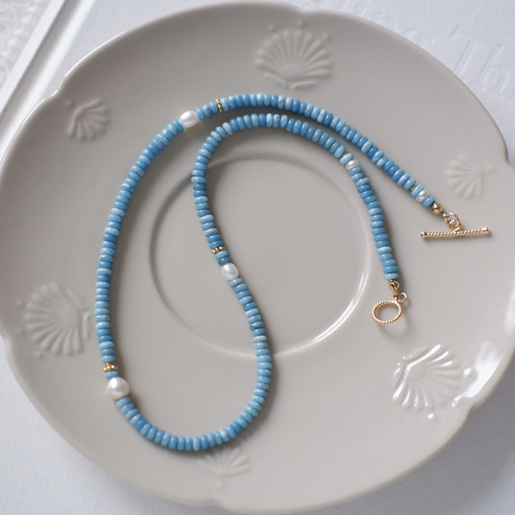 Fallenrainbow Natural Sea Grain Stone Blue Handmade Beaded Necklace Niche