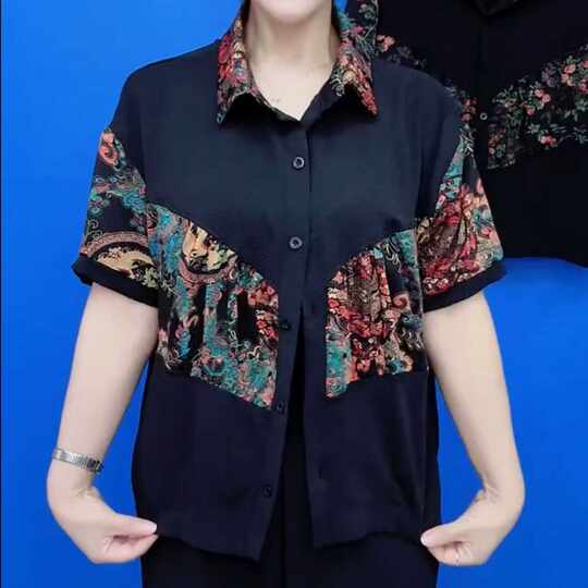 中老年妈妈装遮肉显瘦短袖衬衫2025夏季新款时尚百搭拼接上衣小衫