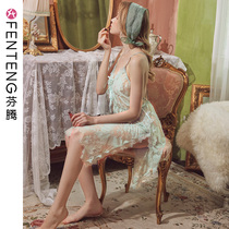 Fenten summer sling lace nightdress ladies thin sexy pajamas transparent seduction mesh spring and autumn suit