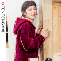 Fentem Pajamas Woman Winter Thickened Coral Flannel Triple Clip Cotton Padded Jacket Warm Sleeping Dress Medium Long Pyjamas Womens Home Clothing