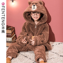 Fenteng Girl Conjoined Pajamas Girl Brown Bear Autumn Winter Thickened Coral Suede CUHK Child Cartoon Home Conserved Winter