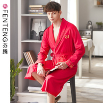 Fenten mens robe spring autumn bathrobe pajamas pure cotton long sleeve big red festive mid-length yukata pure cotton home clothing