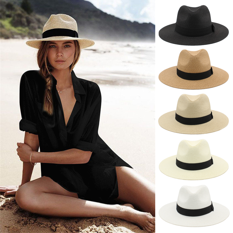 Men and Women Summer Sun Protection Straw Hat Sunshade Panama Hat Seaside Straw Wide Brim Sun Hat Travel Beach Hat