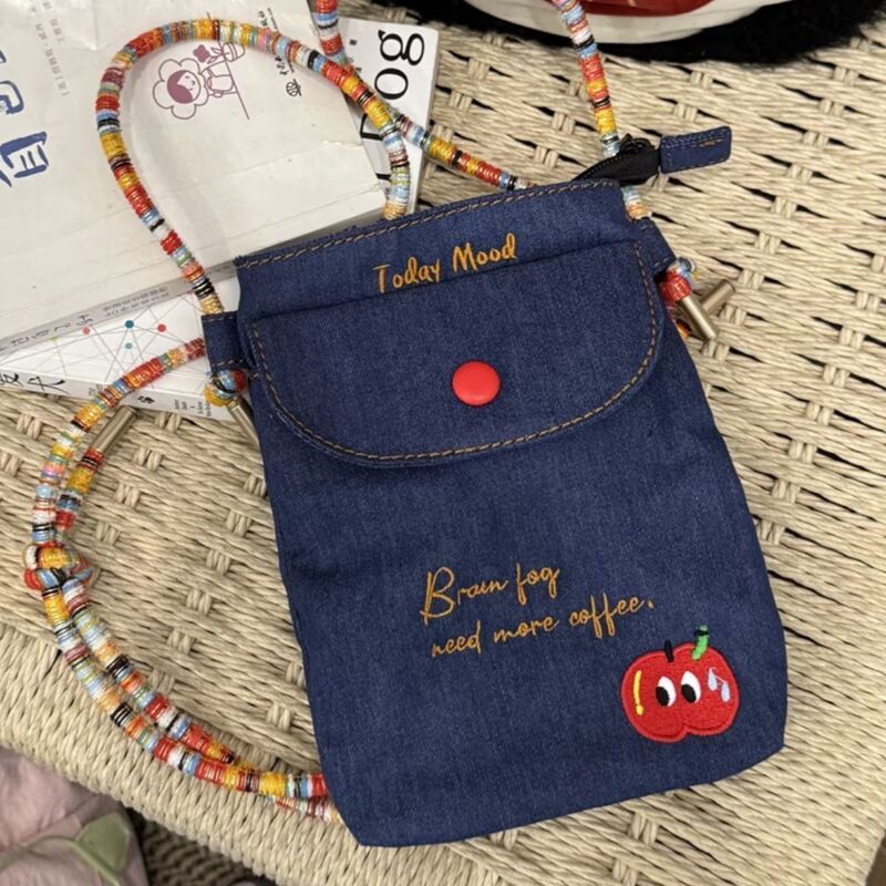 Soft Denim Embroidered Mobile Phone Bag with Colorful Woven Shoulder Strap, Casual and Versatile Crossbody Bag for Commuting, Stylish and Portable Small Crossbody Bag Soft Denim Embroidered Mobile Phone Bag with Colorful Woven Shoulder Strap, Casual and Versatile Crossbody Bag for Commuting, Stylish and Portable Small Crossbody Bag