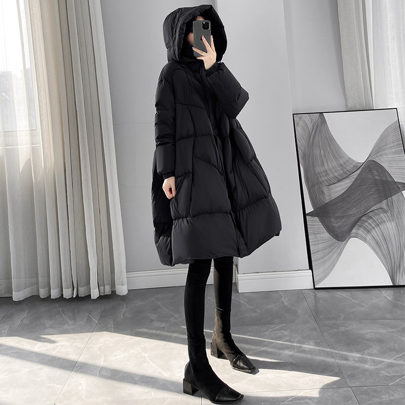 Black Even hat down clothes woman Winter 2023 new Korean version Large code Loose Slim Medium Long white duck suede jacket-Taobao