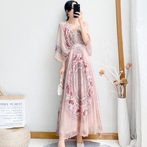 2021 new womens summer French vintage long dress womens waist thin temperament chiffon vneck long skirt
