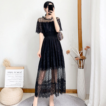 2021 New Women summer long black lace stitching dress female slim temperament French dress