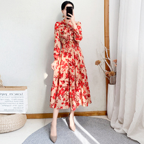 2021 new womens spring long print dress womens lace up waist thin temperament chiffon long skirt