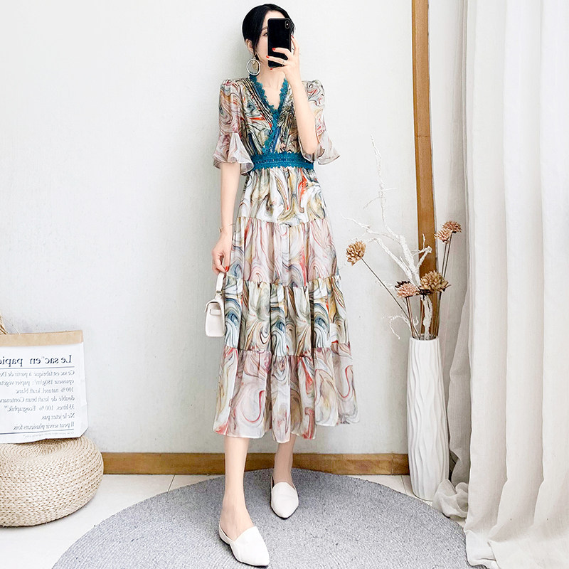 2022 new women's clothing summer medium long version retro Chinese windy women's snow spun lace splicing printed long dress