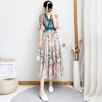 2021 new womens summer long vintage Chinese style dress women chiffon lace stitching printed long dress