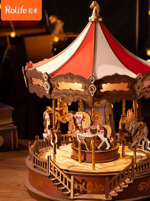 Ruolai carousel music box diy handmade music box children's fun assembled building blocks best friend's birthday Christmas gift