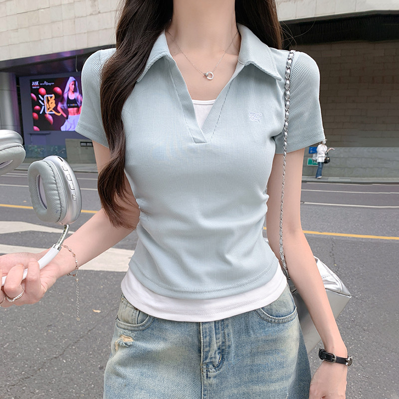 小个子甜酷辣妹v领拼色假两件polo短袖t恤女夏季褶皱收腰刺绣上衣