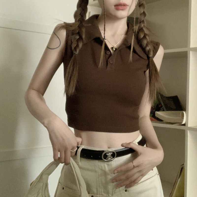 Summer Polo Collar Basic Sleeveless T-Shirt Vest for Women, Versatile Short Slim-Fit Top, Retro Style for Petite Figures