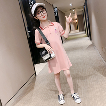 Girls T-shirt skirt summer dress 2021 new western style short-sleeved dress mid-length POLO shirt casual girl top