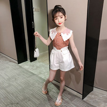 Girls summer suits 2020 fashion childrens clothing Western style trend net red summer girls sleeveless shorts two-piece set