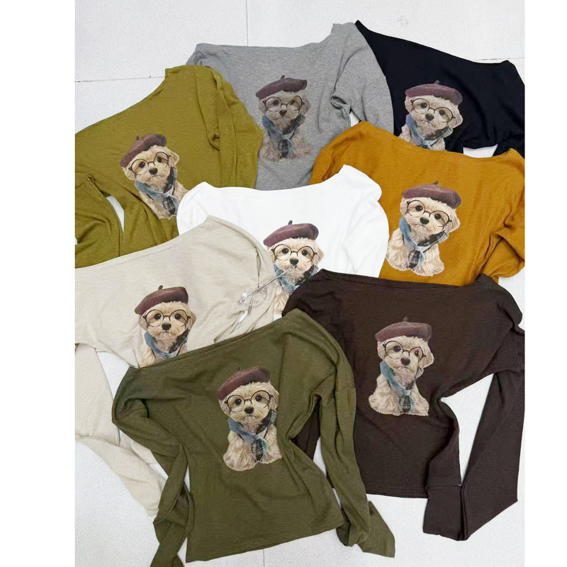 Cartoon Puppy Print One-Shoulder Long-Sleeve T-Shirt for Women, 2026 Autumn New Korean Style Slim-Fit Short Top for Trendy Girls Cartoon Puppy Print One-Shoulder Long-Sleeve T-Shirt for Women, 2026 Autumn New Korean Style Slim-Fit Short Top for Trendy Girls