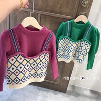 Girls tops Korean childrens wear 2021 autumn winter new baby super foreign pullover long sleeves suspender sweater two-piece set