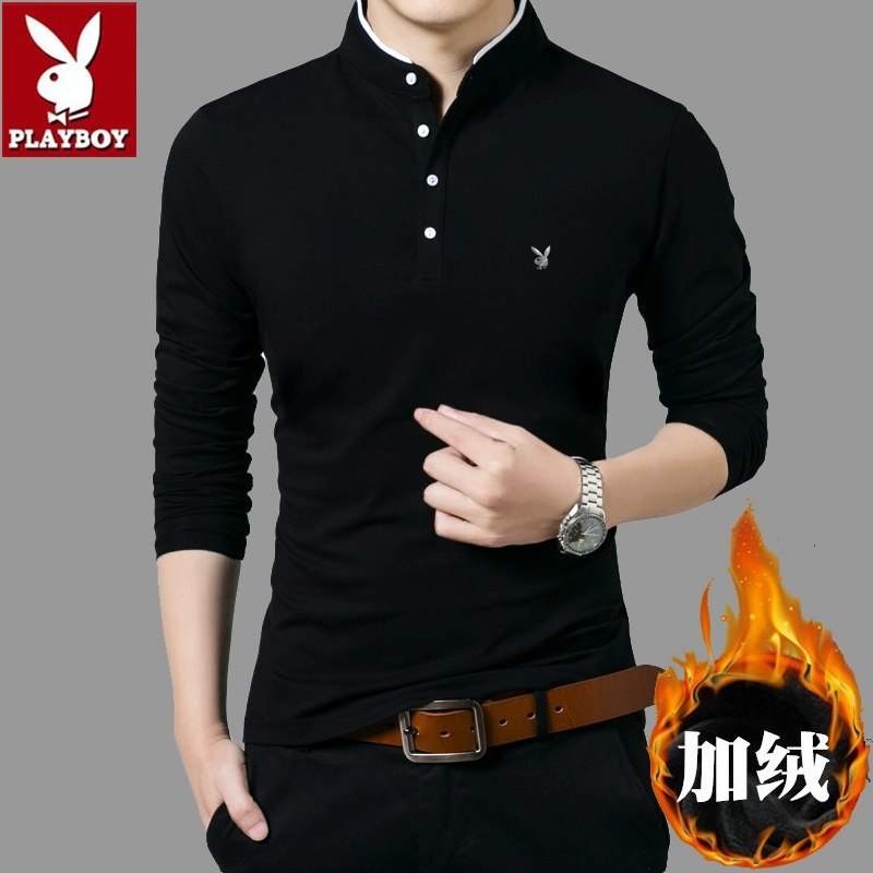 Playboy mùa thu đông nam cộng với áo thun nhung dài tay dày cotton cotton ấm áp nhỏ sơ mi đứng cổ áo quần đáy quần - Áo phông dài