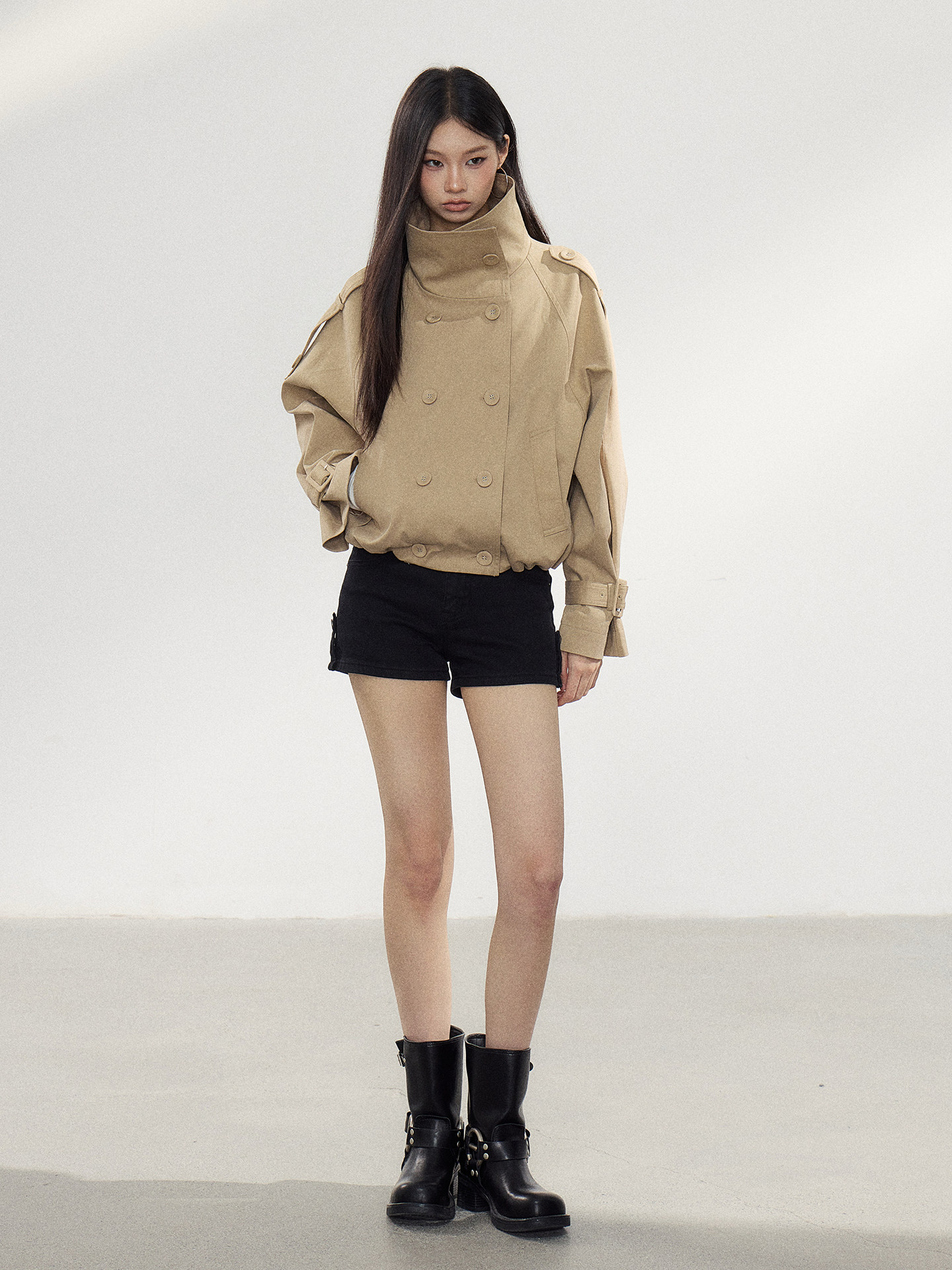 WITHMIN Khaki Double-Breasted Cropped Jacket