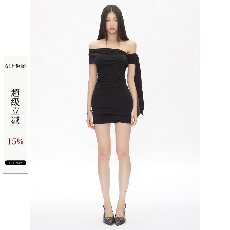 Withmin One-Shoulder Asymmetrical Dress Summer Women's High-End Black Sleeveless Bodycon Mini Dress