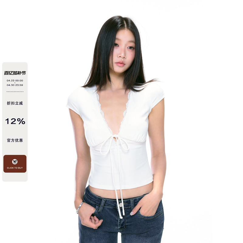 Withmin White Women's T-Shirt Short Slim Fit Low-Neck Beautiful Sexy Hot Girl Top Women's Short-Sleeved Summer Wear