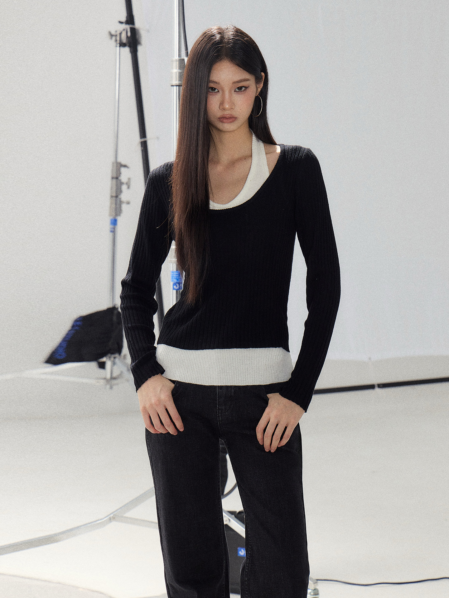 WITHMIN Contrast-Color Layered-Look Halter Long-Sleeve Tee