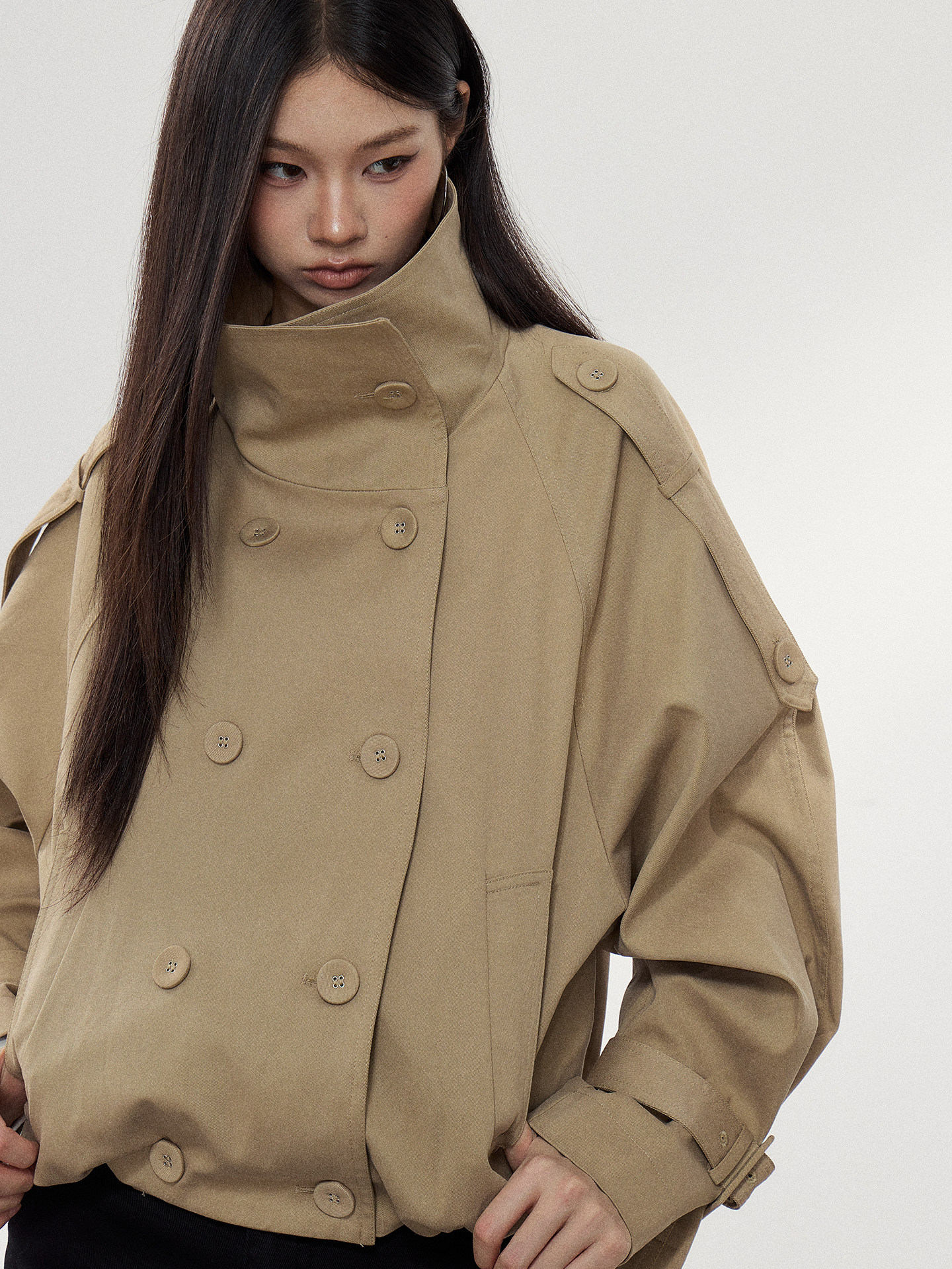 WITHMIN Khaki Double-Breasted Cropped Jacket