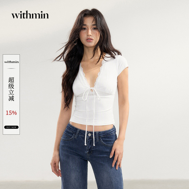 Withmin White Women's T-Shirt Short Slim Fit Low-Neck Beautiful Sexy Hot Girl Top Women's Short-Sleeved Summer Wear