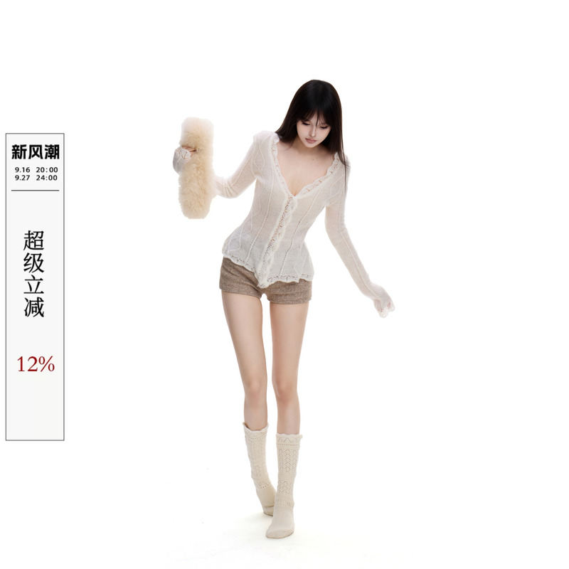 Withmin Long-Sleeved Knitted Cardigan for Women, New Autumn Korean Style Slim Fit Hollow Lace Design Women's Top Withmin Long-Sleeved Knitted Cardigan for Women, New Autumn Korean Style Slim Fit Hollow Lace Design Women's Top