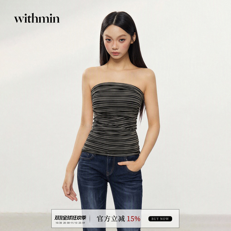 Withmin Striped Tube Top Women's Summer New Off-Shoulder Slim Sleeveless Top Feminine Slimming T-Shirt