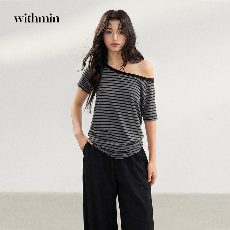 Withmin Off-Shoulder Striped Sexy Top for Women, Summer Sexy Off-Shoulder Black Pure Desire Design Short-Sleeved T-Shirt
