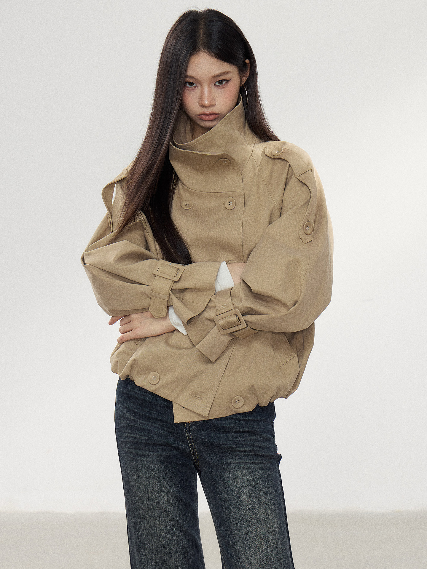 WITHMIN Khaki Double-Breasted Cropped Jacket