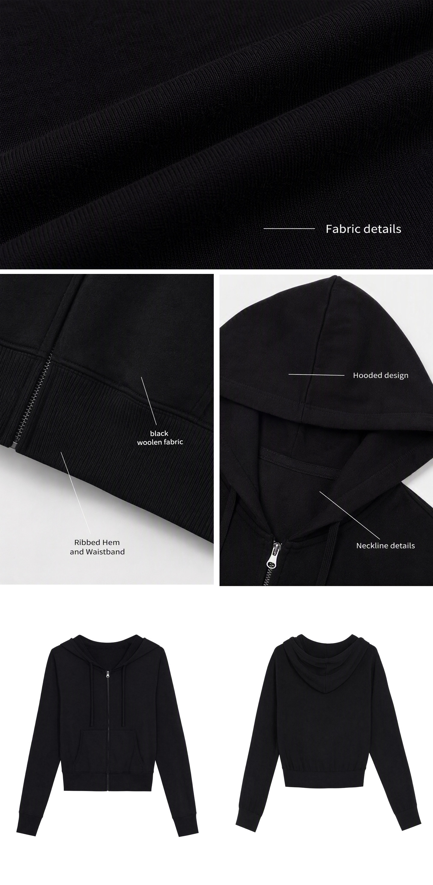 WITHMIN Black Zip-Up Hooded Jacket