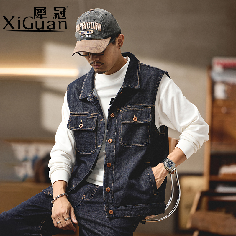Hong Kong High-End Autumn Denim Vest for Men, Multi-Pocket Sleeveless Lapel Retro Trendy Brand Special Blue Vest Jacket
