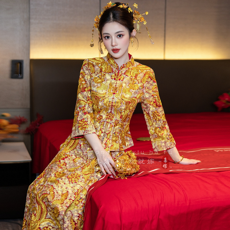 Golden Dragon and Phoenix Wedding Dress 2026 New Style Xiuhe Wedding Gown Chinese Style Bride's Dress Fully Embroidered Gown Royal Toast Dress
