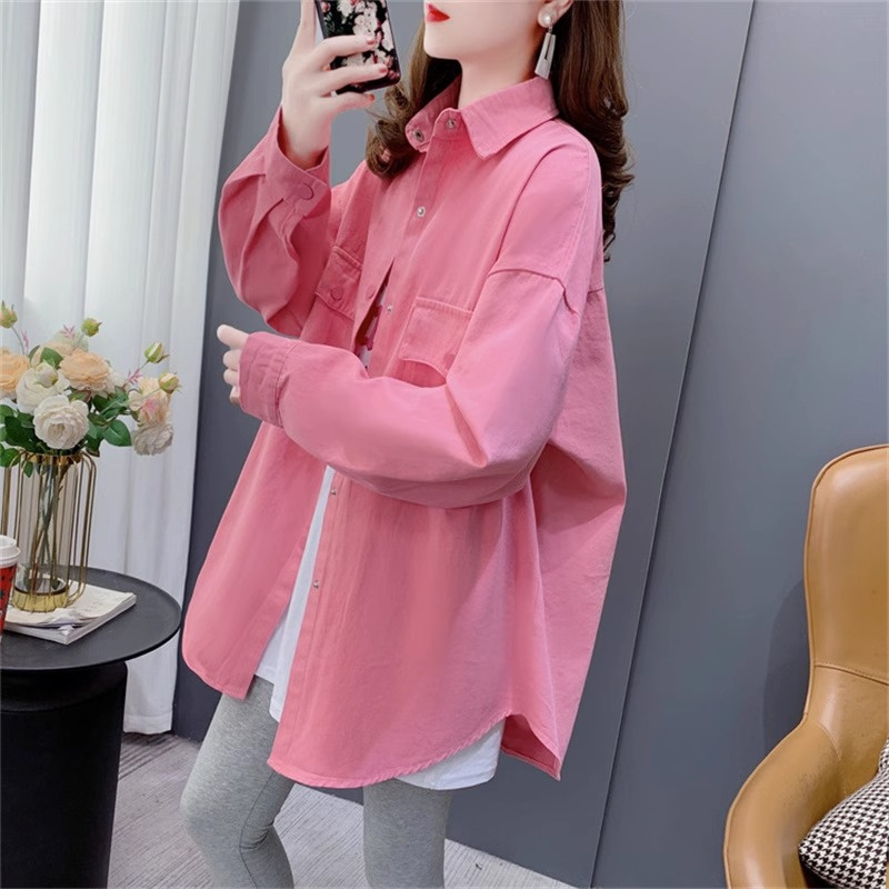 Pure Cotton Washed Denim Mid-Length Long-Sleeved Shirt for Women, New Spring and Autumn Loose Casual Stylish Age-Reducing Hong Kong Style Jacket