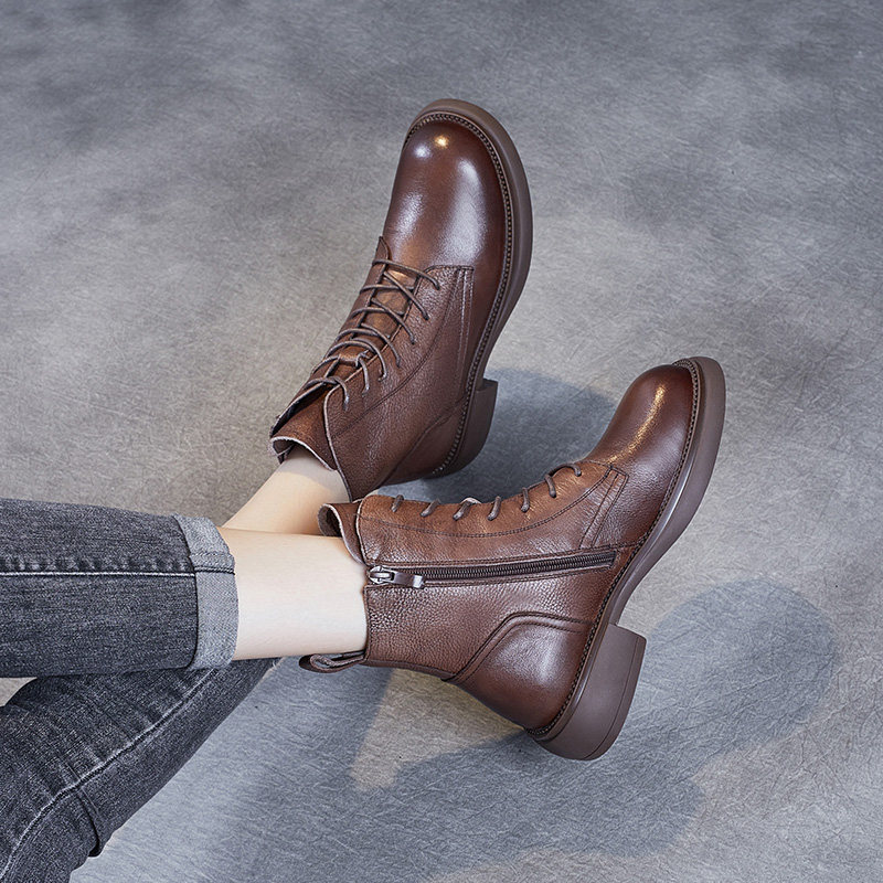 Genuine leather retro Martin boots female flat bottom soft face Soft bottom short boots 2022 autumn Winter Inron high cylinder cotton leather shoes