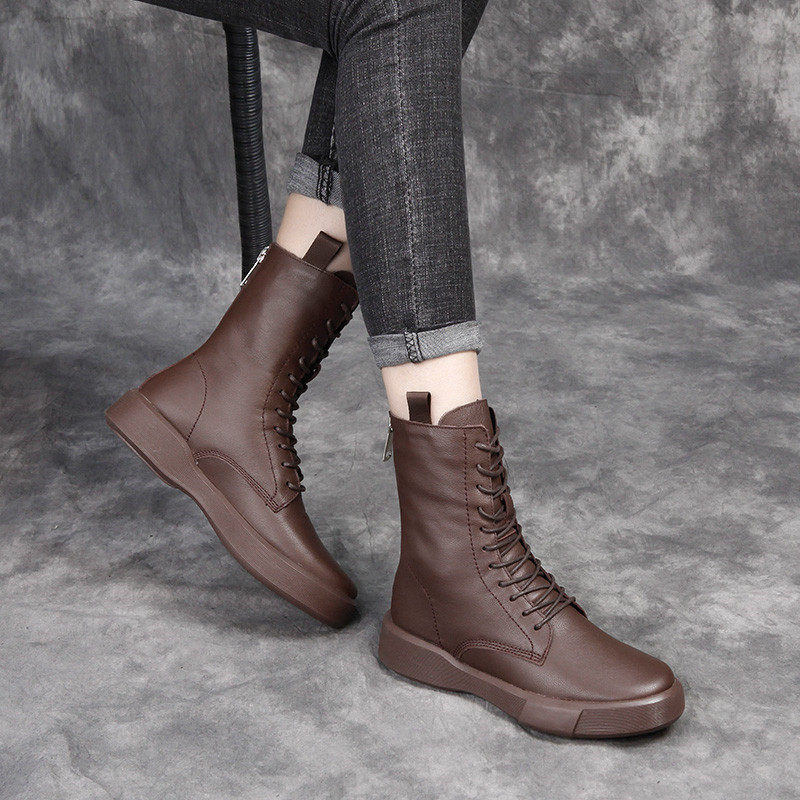Flat-bottomed Martins Women's Autumn and Winter Leather Boots Vintage Brown Soft-bottomed Soft Head Leather High-tube Cotton Shoes