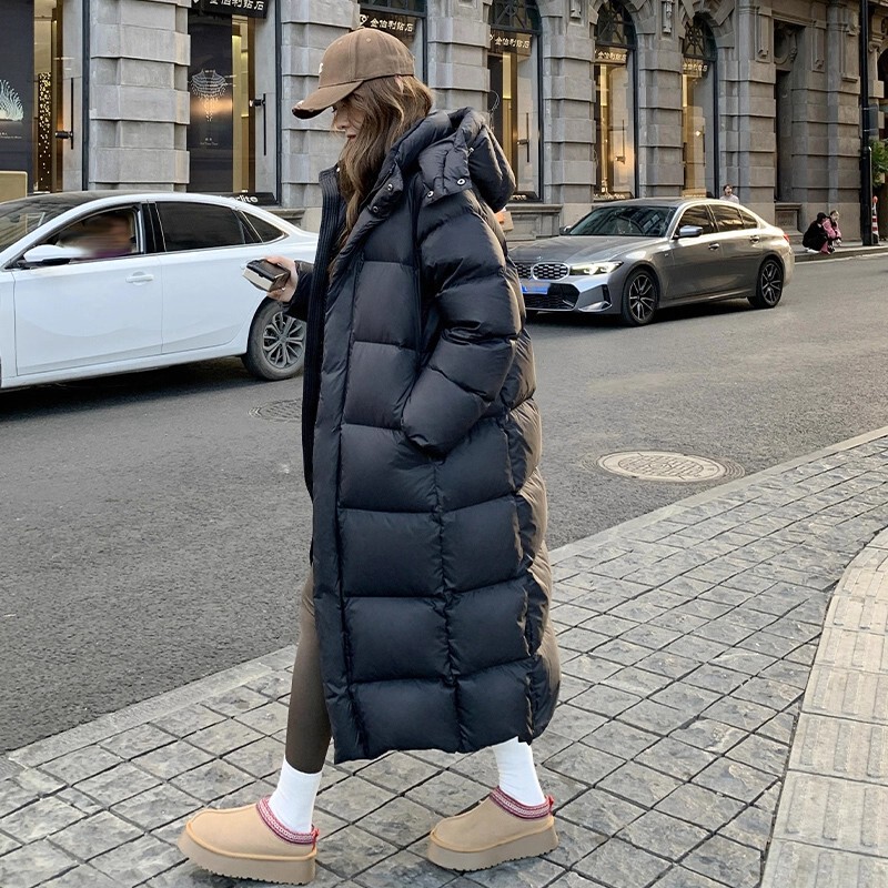 Long Over-The-Knee down Cotton Coat for Women, Winter Loose Thickened Hooded Cocoon-Shaped Jacket, Black Cotton-Padded Coat, 2025 Super Stylish